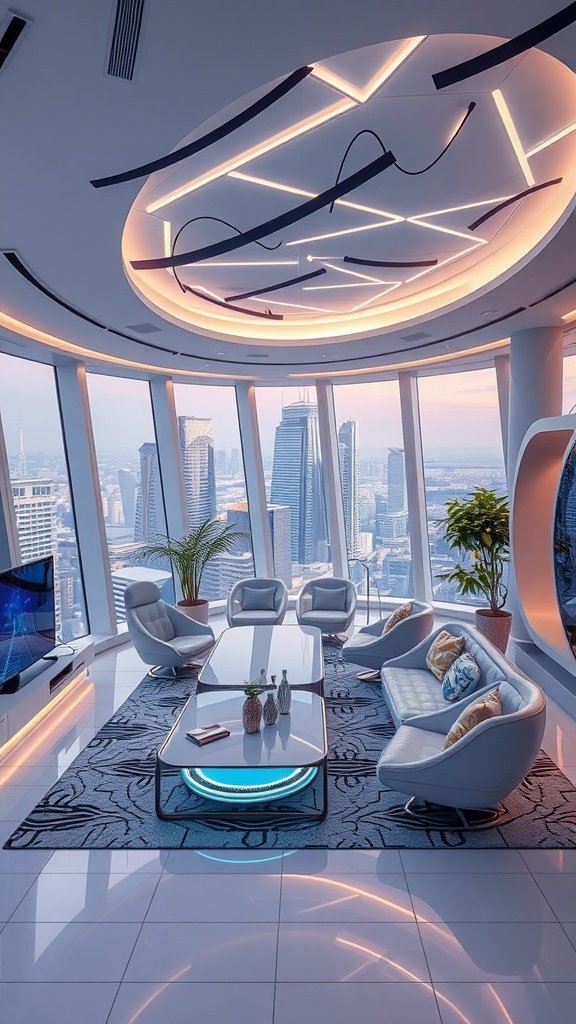 A luxurious and modern penthouse living space with panoramic city views, sleek furniture, and innovative lighting.