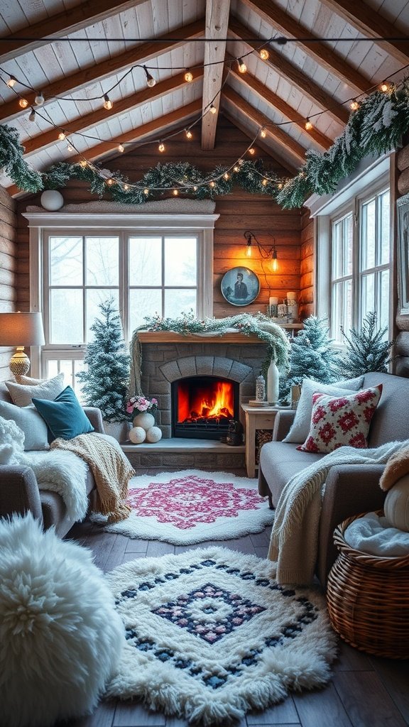 Cozy cabin interior with plush furniture, warm lighting, and festive decorations.