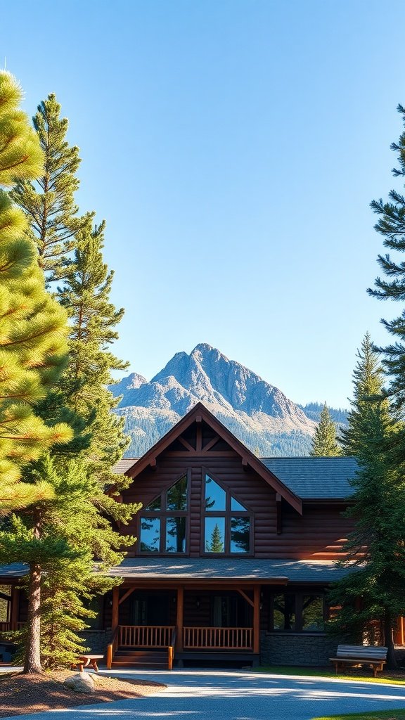 A rustic mountain house with a gabled roof surrounded by tall trees and mountains in the background.