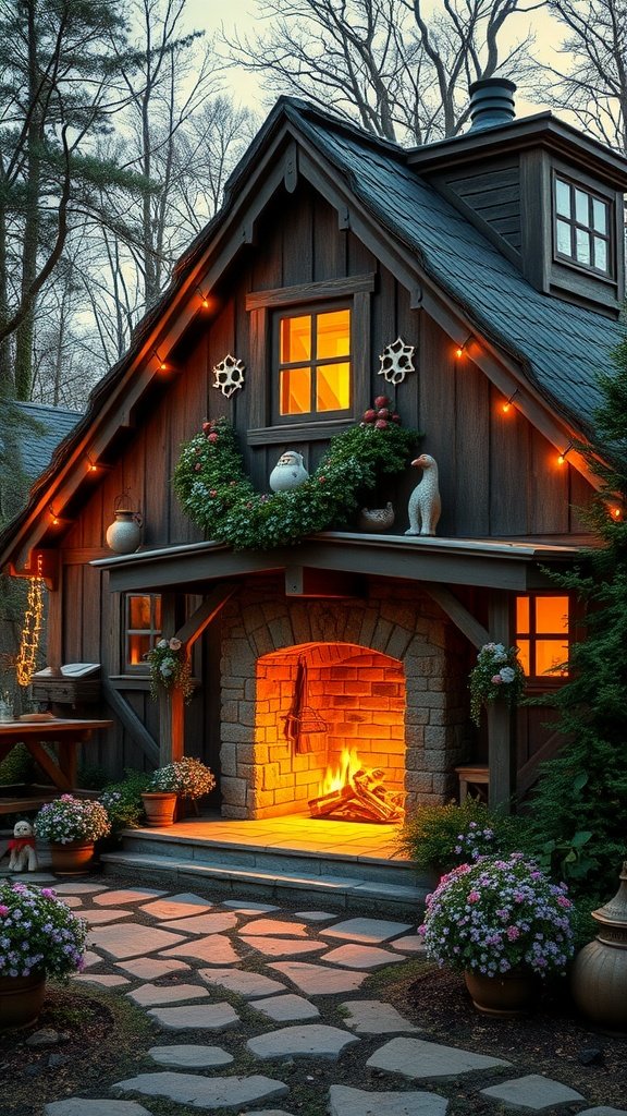A charming gabled cottage with a warm fireplace, decorated with flowers and lights