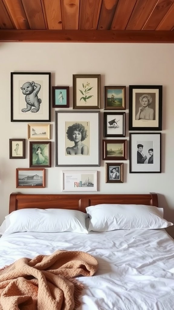 A gallery wall featuring vintage art above a cozy bed in a farmhouse guest bedroom
