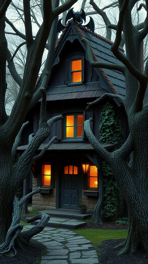 A dark cottage with warm glowing windows, surrounded by twisted trees, featuring a gargoyle on the roof.