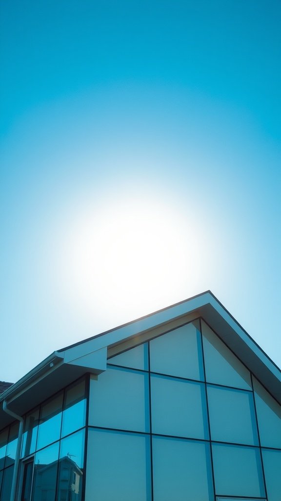 A modern house with a geometric glass facade reflecting sunlight under a clear blue sky.