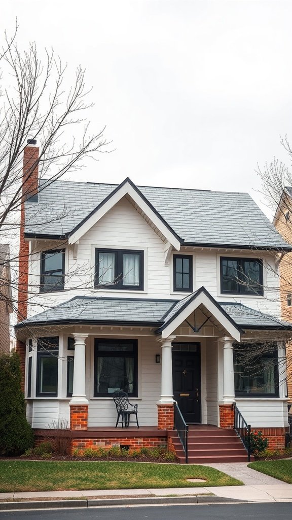 Contemporary house with a geometric roof design featuring a dual-pitched structure and contrasting colors.