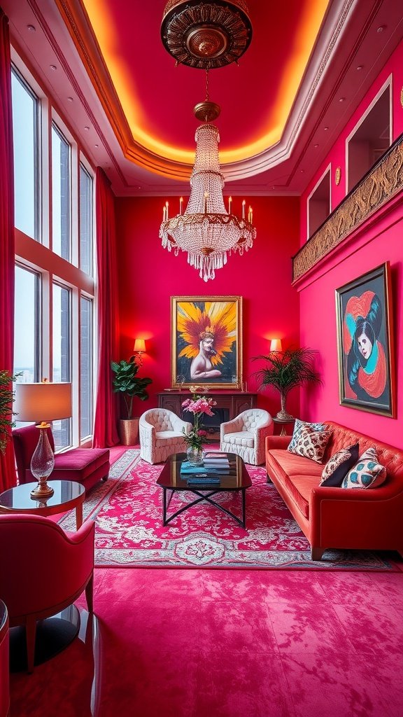 A glamorous living room featuring pink walls, a chandelier, and stylish furniture.