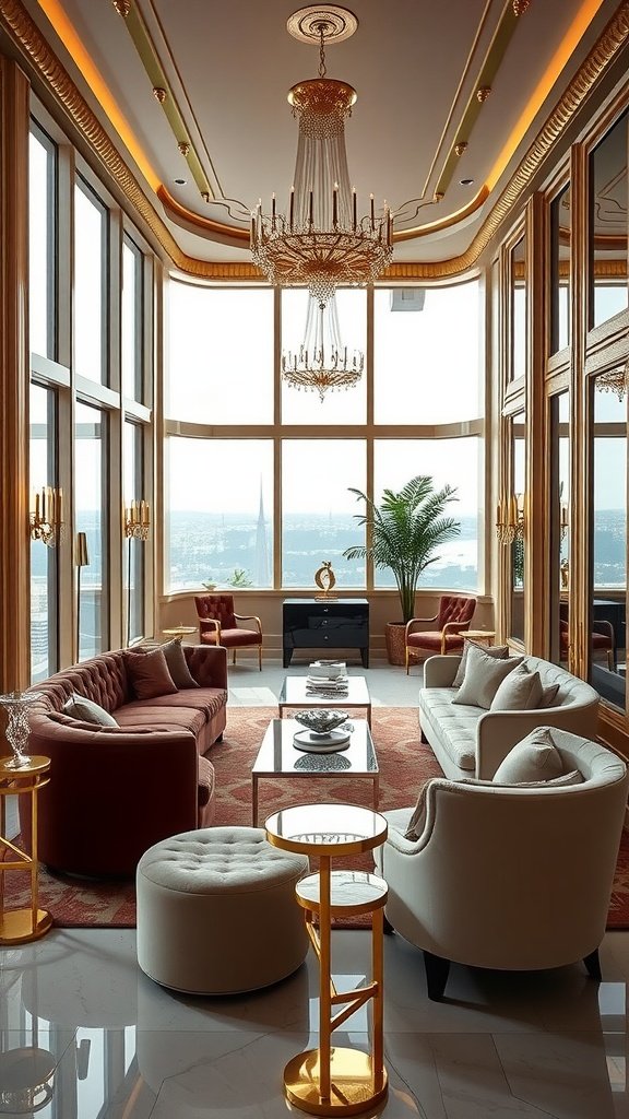 Luxurious living room with large windows, elegant furniture, and a grand chandelier, inspired by Hollywood Regency design.