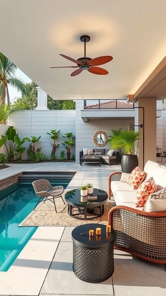 A stylish poolside lounge area featuring a sofa, coffee table, and greenery surrounding a swimming pool.