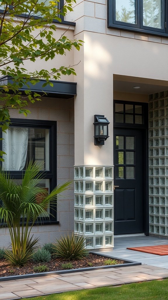 A contemporary house exterior featuring a glass block column beside a black door.