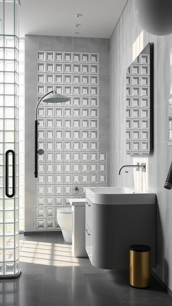 A modern bathroom featuring glass block walls with natural light filtering through.