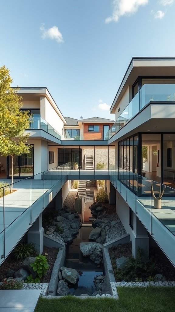 A modern house with glass bridges connecting different sections, surrounded by landscaping and a water feature.