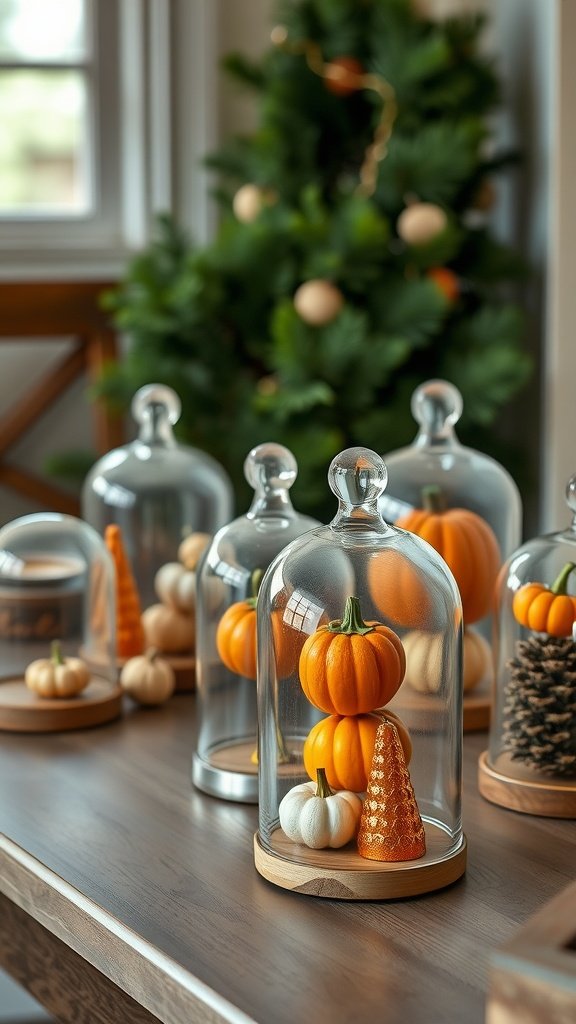 A table display featuring glass cloches with pumpkins and natural elements for autumn decor.
