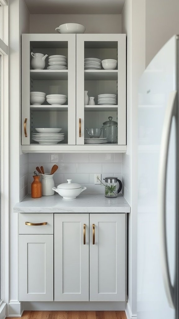 A light gray kitchen cabinet with glass front doors, displaying white plates and glassware, set against a neutral background.