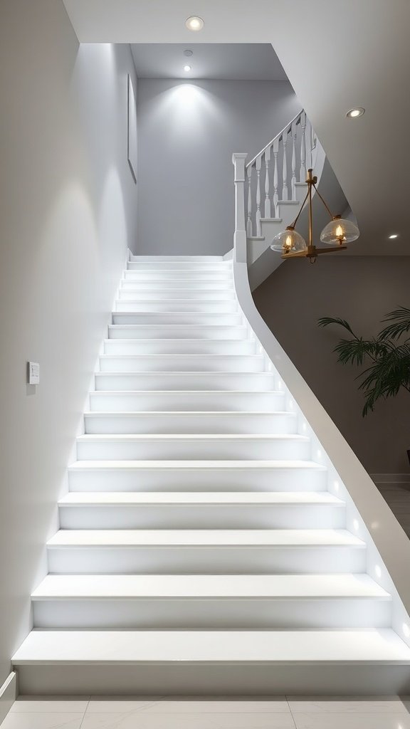 A glossy white staircase with contemporary lighting, featuring a sleek design and elegant railing.