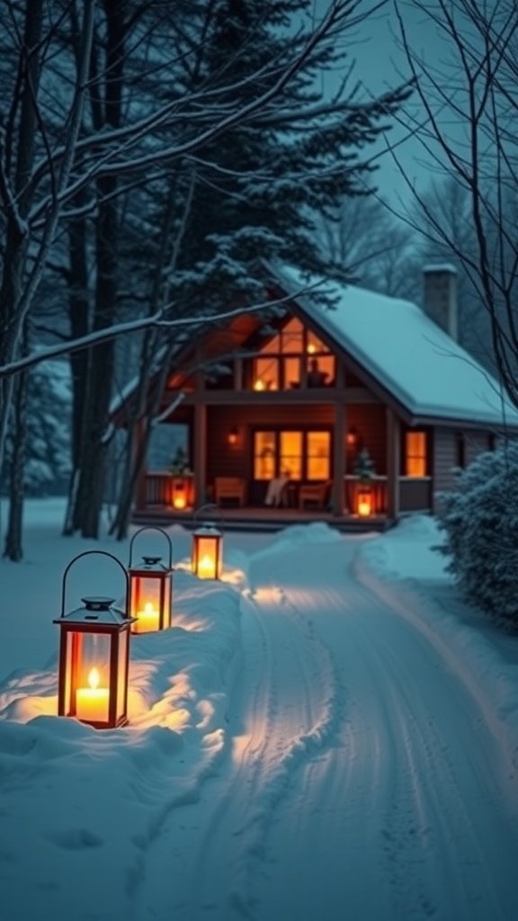 A winter cabin surrounded by snow, illuminated by glowing lanterns along the path.