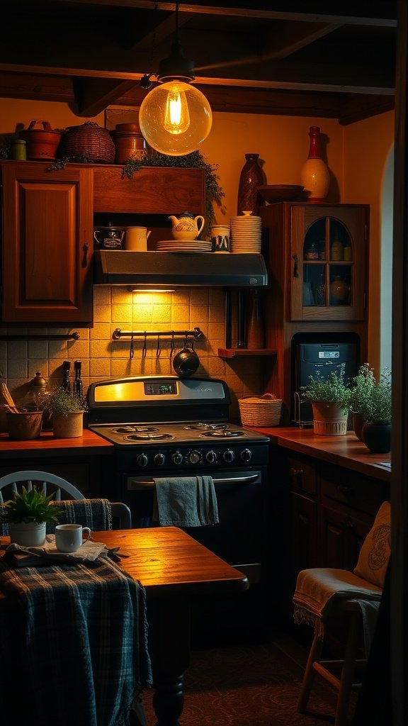 A cozy kitchen with wooden cabinets, a warm pendant light, and a small dining table surrounded by plants.