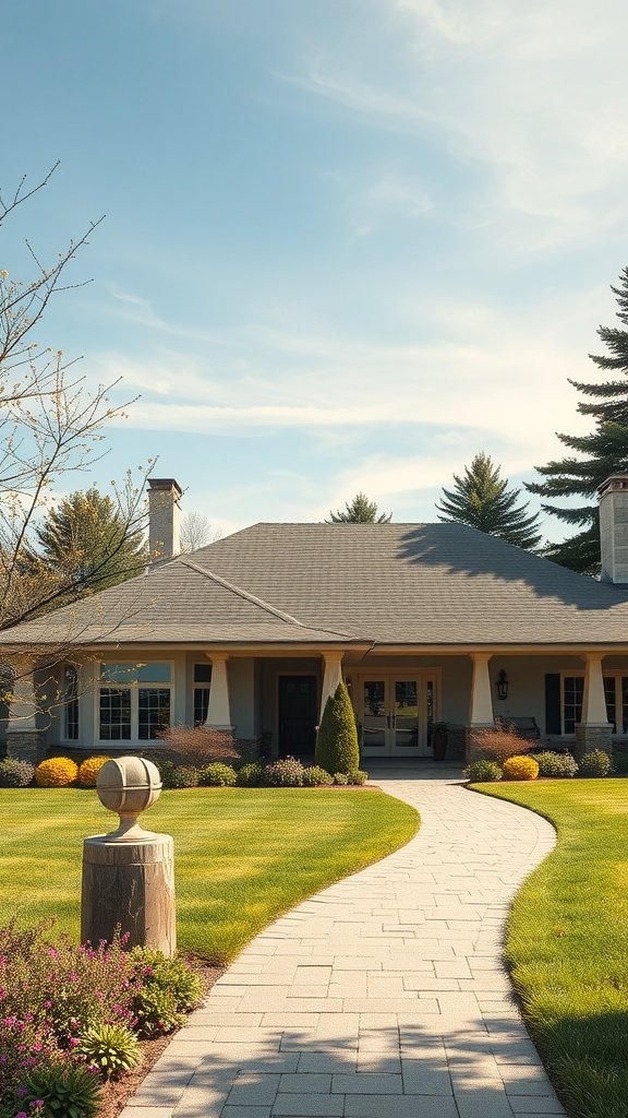 A beautiful prairie style home with a landscaped pathway and vibrant gardens.