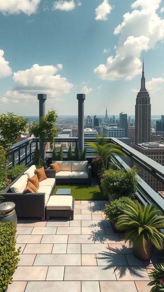 A beautiful rooftop garden with a cozy seating area overlooking the city skyline.
