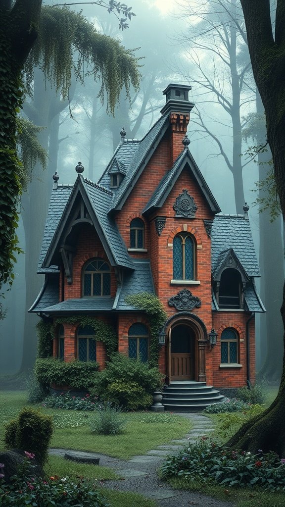 A gothic brick house with intricate details, surrounded by misty trees and a lush garden.