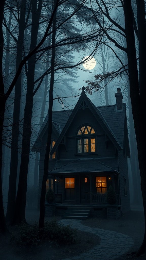 A Gothic-style cottage surrounded by dark trees under a full moon, with glowing windows.