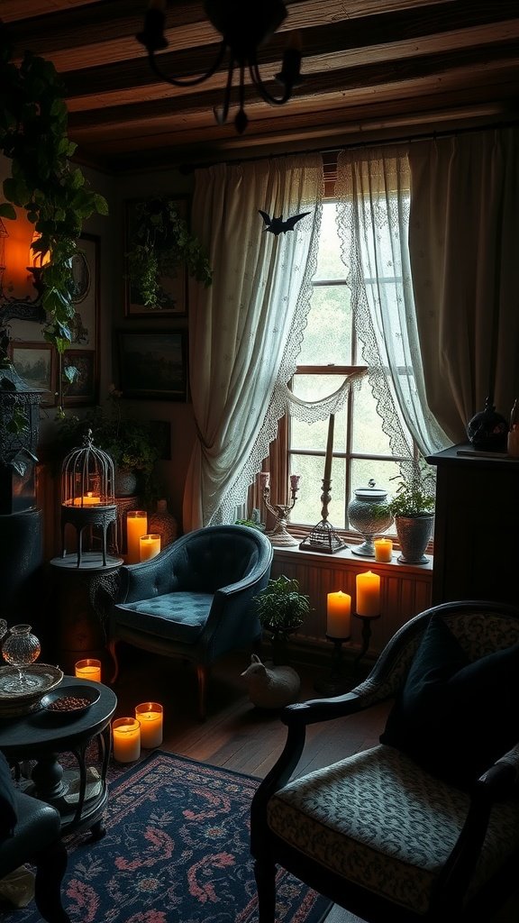 A cozy Gothic-style room with candles, blue armchairs, lace curtains, and decorative plants.