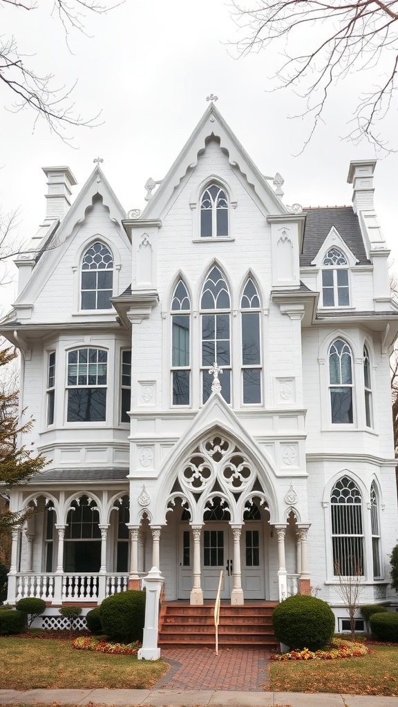 A white Gothic Revival style home with intricate architectural details, a decorative porch, and landscaped features.