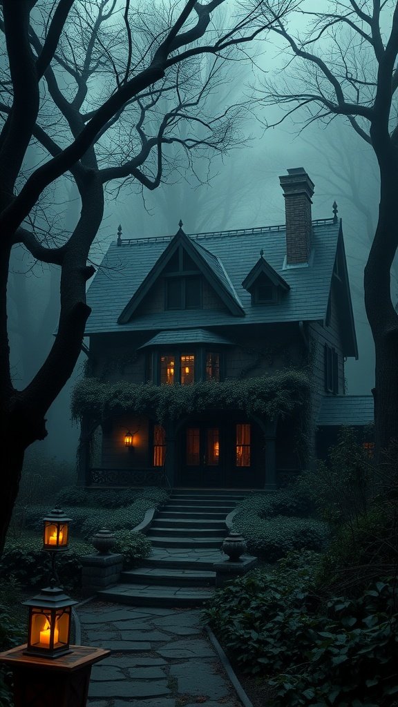 A gothic-style house surrounded by fog and trees, illuminated by soft lantern lights.