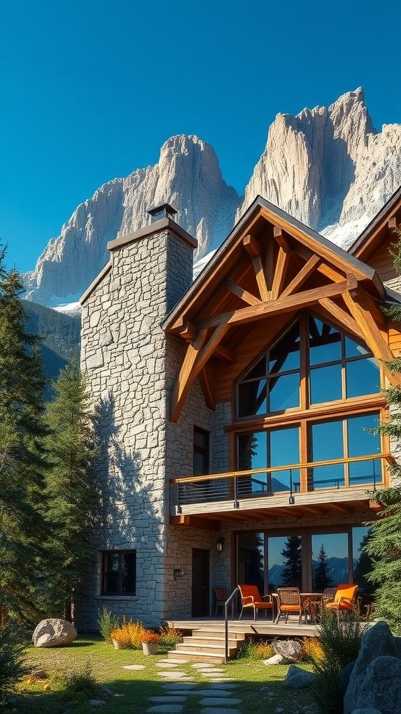 A rustic mountain cabin with a stone exterior and large windows, set against a backdrop of majestic mountains.