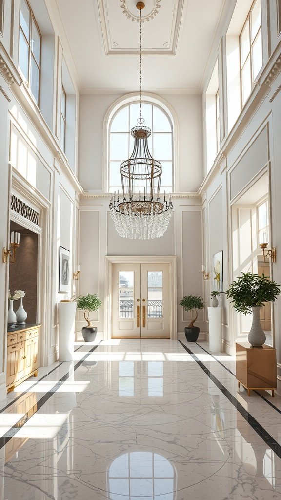 Luxurious entrance foyer with marble flooring, chandelier, and large windows
