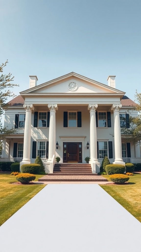 A grand farmhouse with towering columns and a well-manicured lawn
