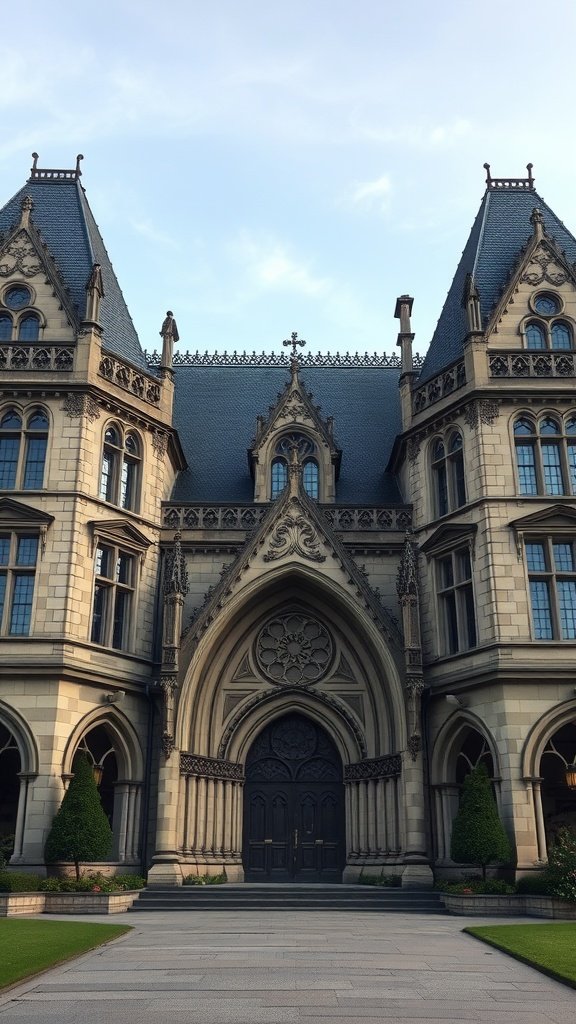 Grand Gothic Revival residence featuring intricate stonework and a majestic entrance