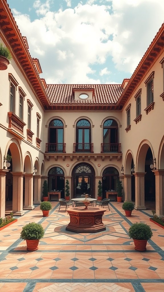 A beautiful Mediterranean mansion courtyard with elegant architecture and lush plants
