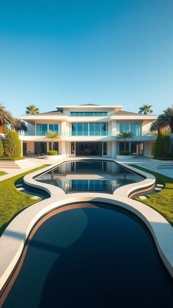A grand modern mansion with a uniquely shaped pool surrounded by grass and palm trees.