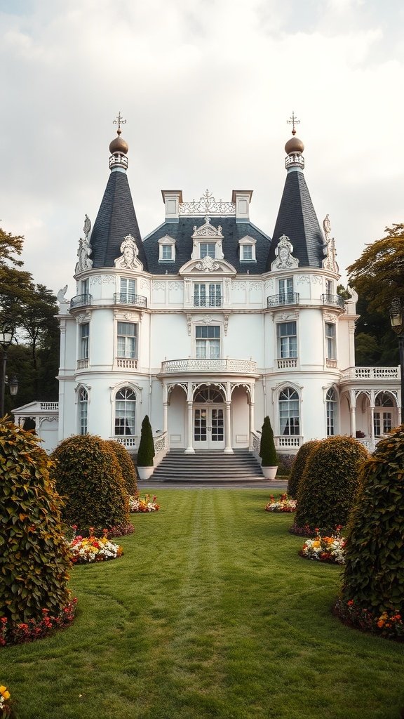A grand white chateau with intricate architecture and well-maintained gardens.