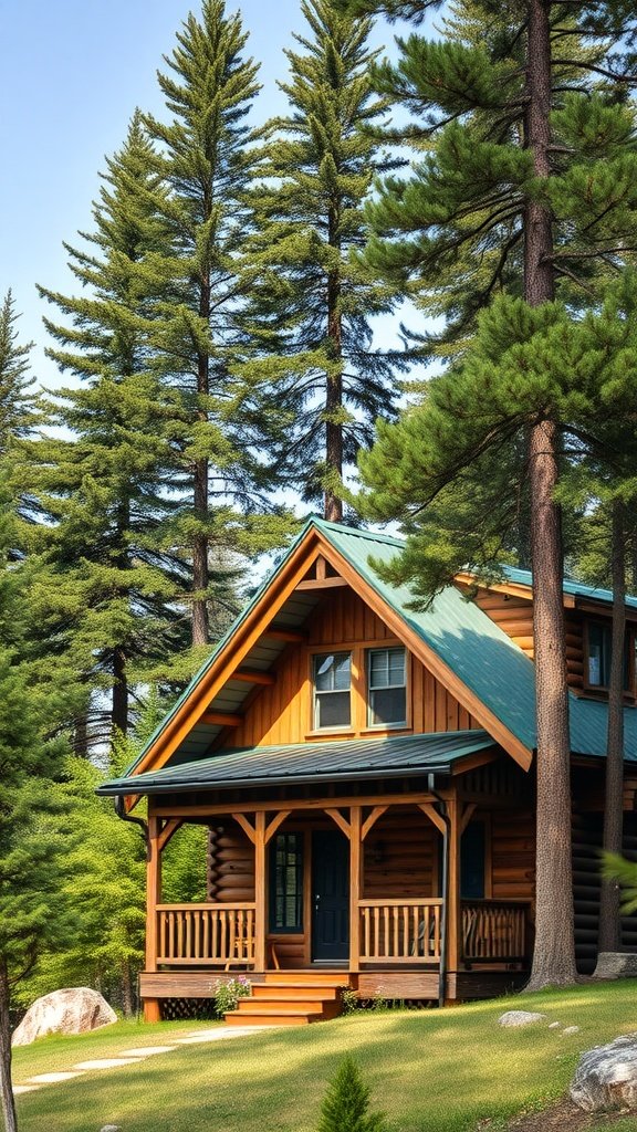 A rustic mountain house with a green gable roof, surrounded by tall pine trees.