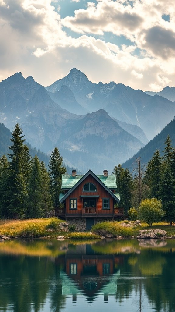 A rustic mountain house with a green roof reflecting in calm waters, surrounded by trees and mountains.
