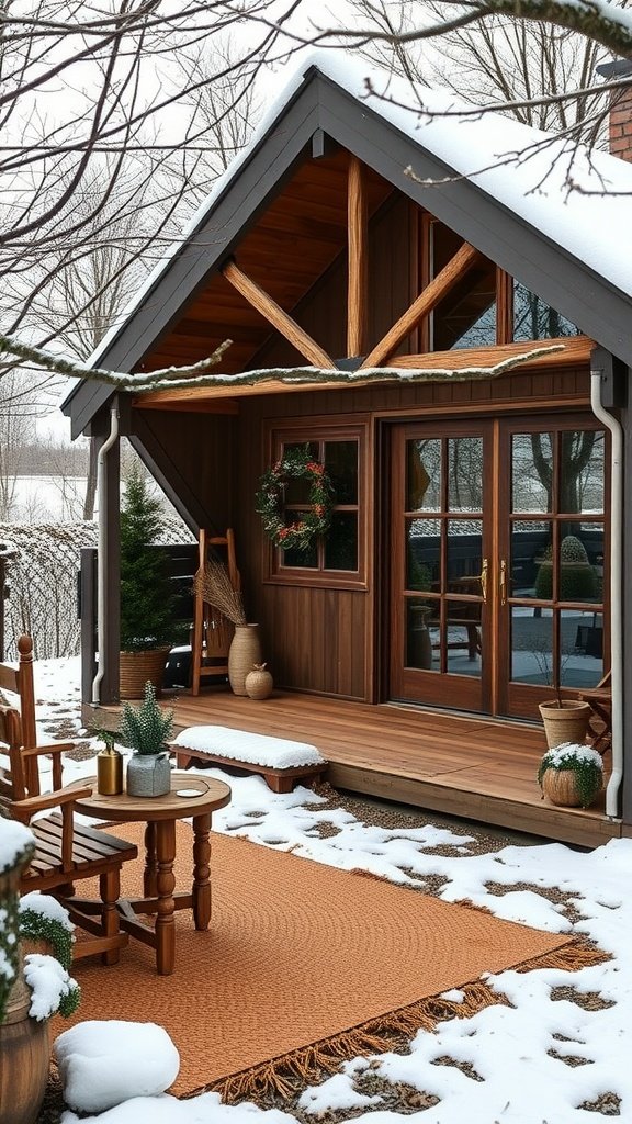 A cozy cabin with a wooden porch in a snowy landscape, featuring chairs, a table, and a decorative wreath on the door.