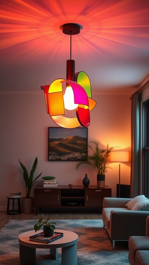 A colorful 70s style chandelier hanging in a modern living room, casting a warm glow.