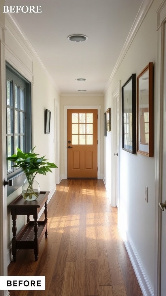 Before image of a hallway with light-colored walls and a wooden floor