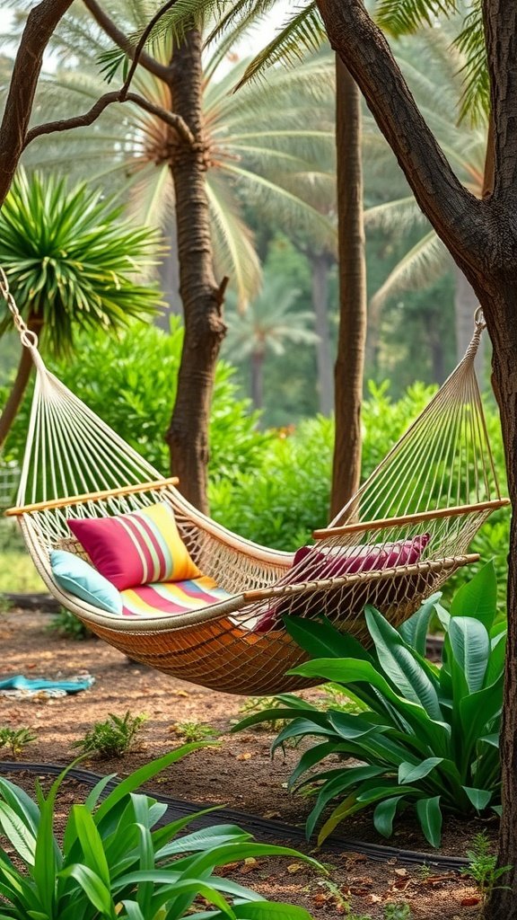 A cozy hammock with colorful cushions hanging between trees, surrounded by lush greenery.