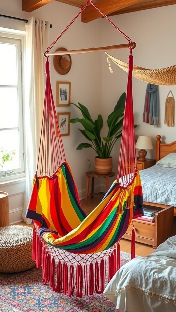 A colorful hanging chair in a cozy bedroom setting