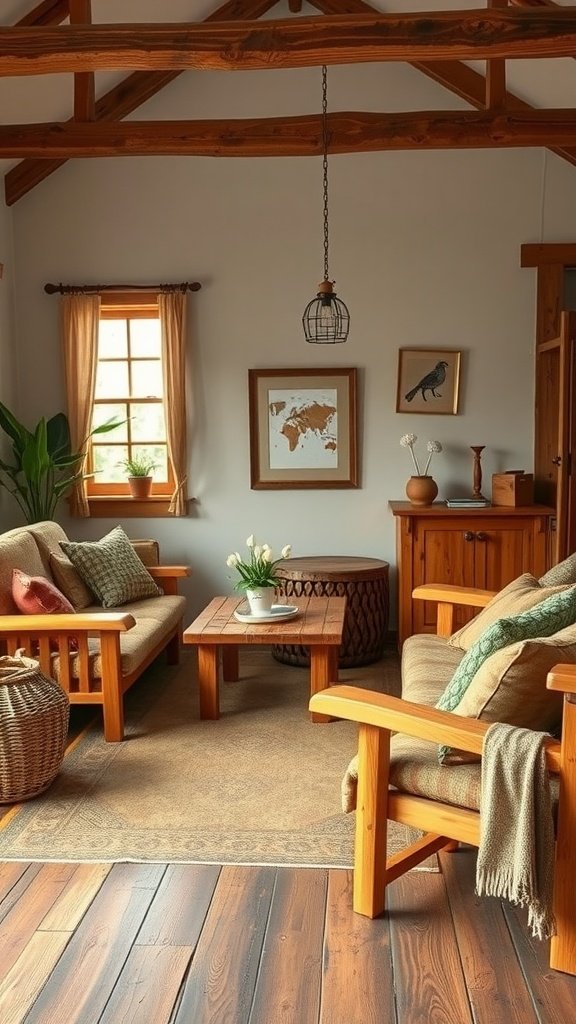 A cozy living room featuring handcrafted wooden furniture, a coffee table, and decorative elements.