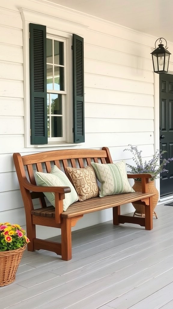 A handcrafted wooden bench with pillows on a farmhouse front porch, surrounded by potted plants and a door with green shutters.