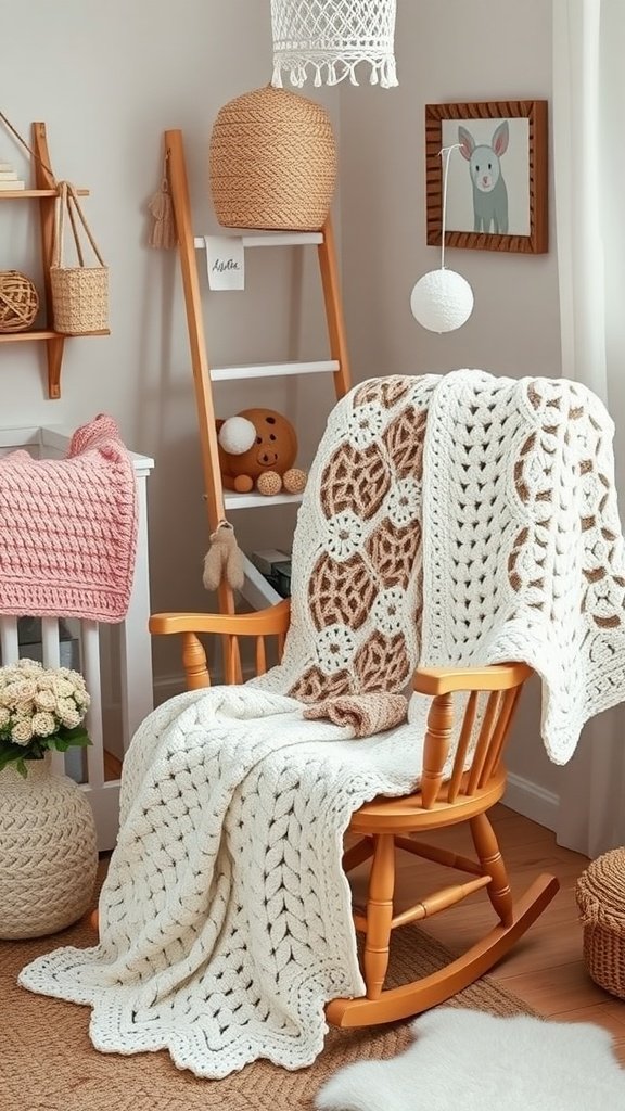 A cozy rocking chair with a handmade crochet baby blanket draped over it, surrounded by nursery decor.