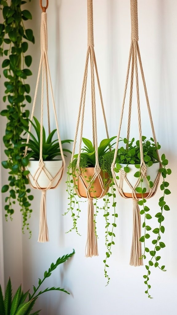 Three hanging macrame planters with green plants on a wall.