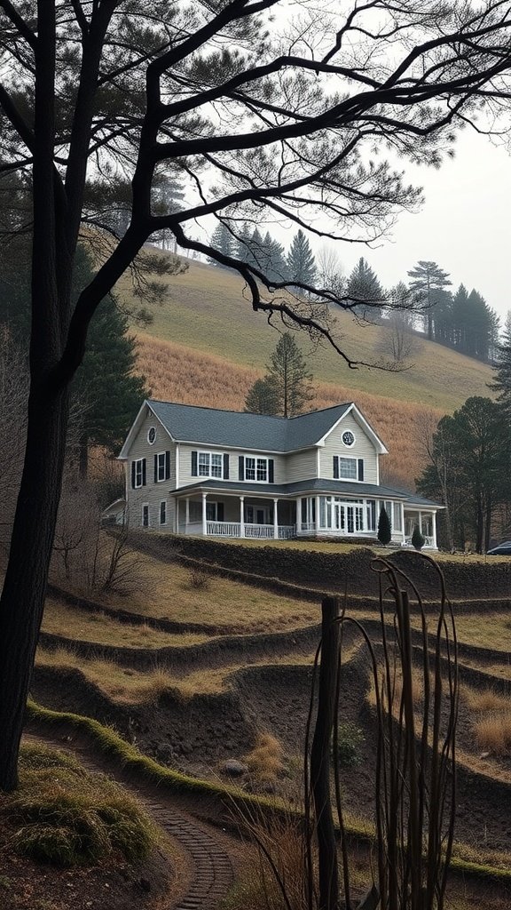 A house built into a hillside, surrounded by trees and grass.