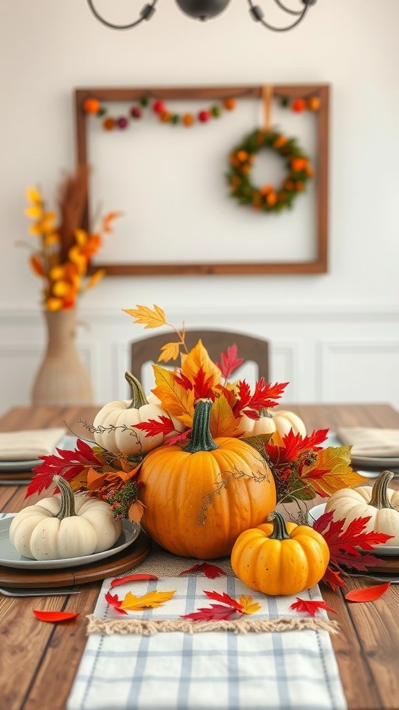 A cozy autumn table decor featuring a large orange pumpkin surrounded by smaller pumpkins and colorful leaves on a plaid runner.