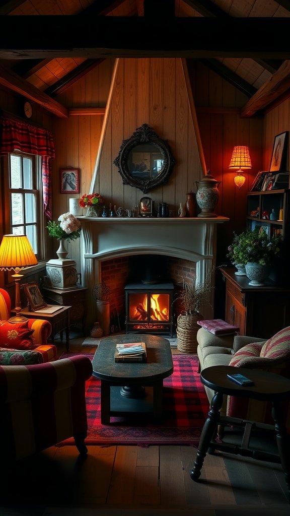 A cozy cottage interior with a fireplace, plaid decor, and warm lighting.