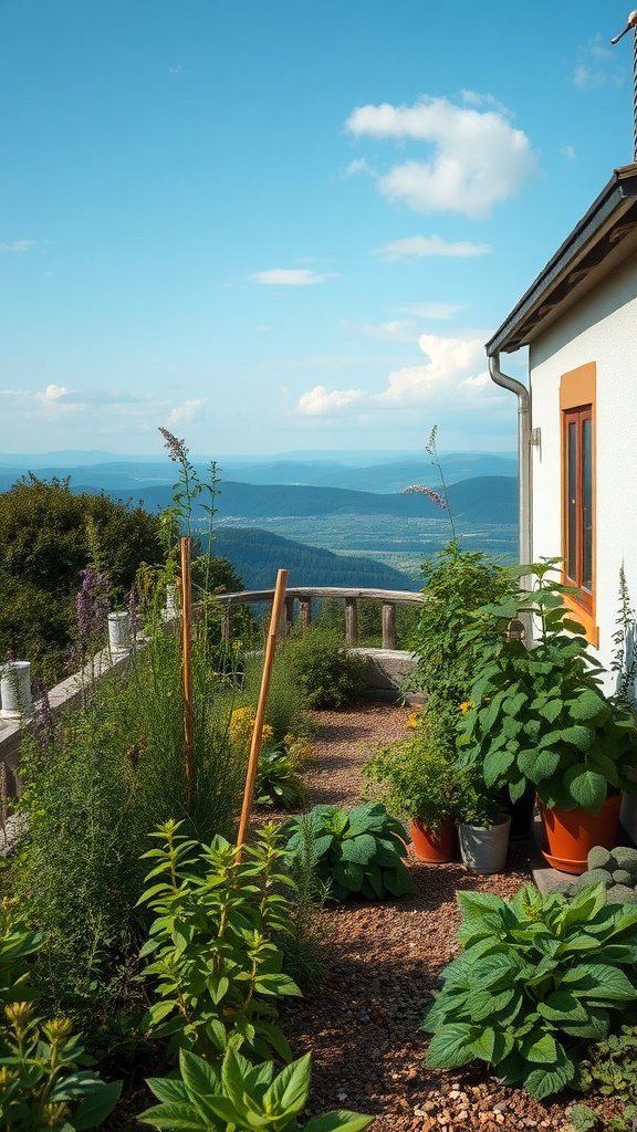 A charming herb garden with a view of a cottage and rolling hills in the background