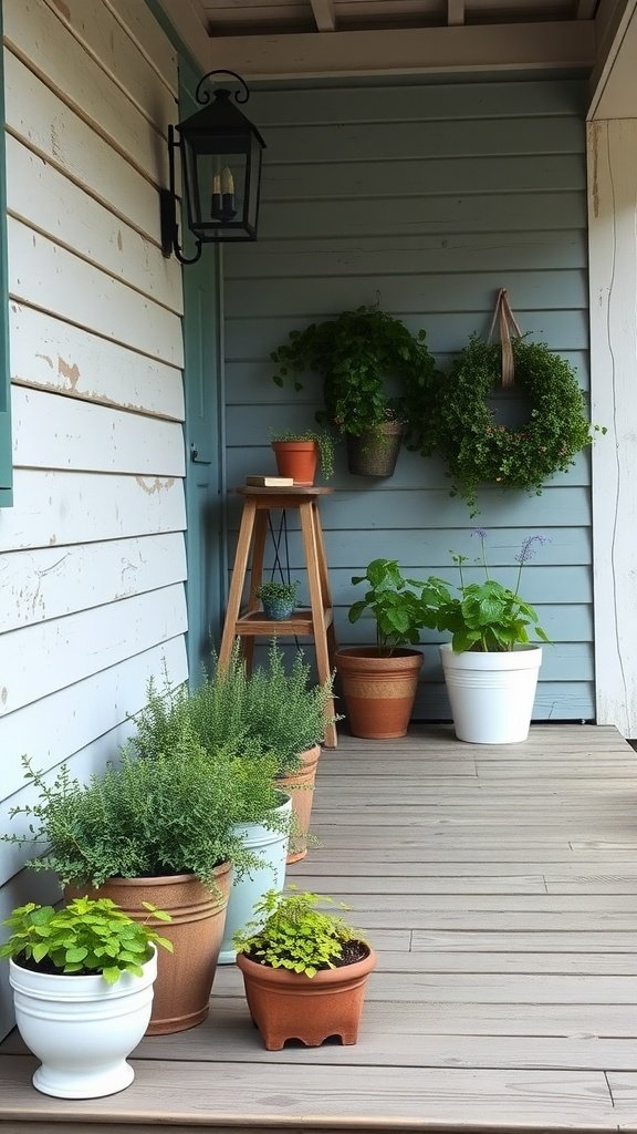 A charming farmhouse front porch with various potted herbs arranged along the floor, featuring a small wooden table and a decorative wreath.