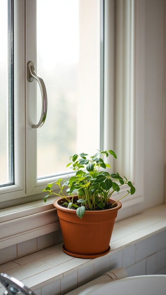 A terracotta pot with a green herb plant on a bathroom windowsill